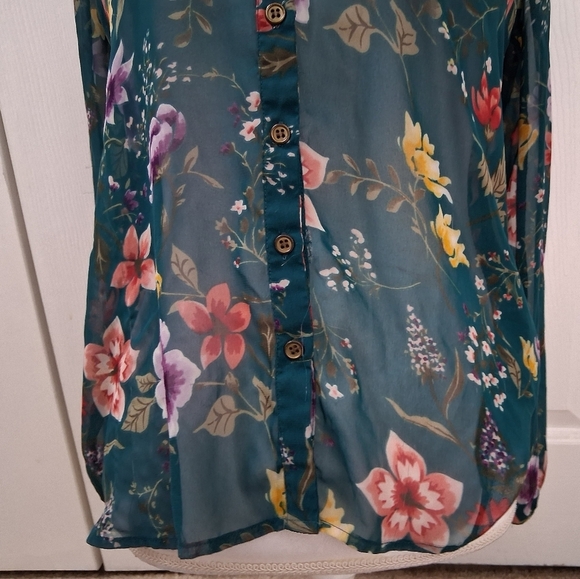 Floral Teal Button-Up Women's Top - Picture 3 of 14